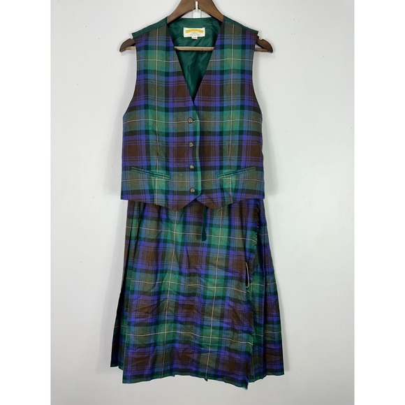James Pringle Weavers Womens 14 Wool Plaid Tartan Vest Skirt Set Scotland Preppy - Picture 1 of 12